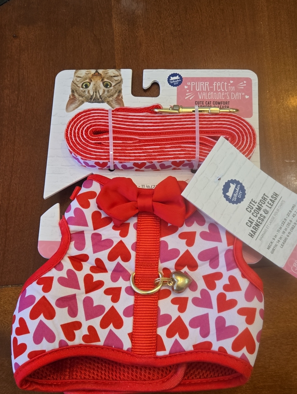 Cute Cat (Sm. Dog) Comfort Red & Pink Heart Harness with Bow